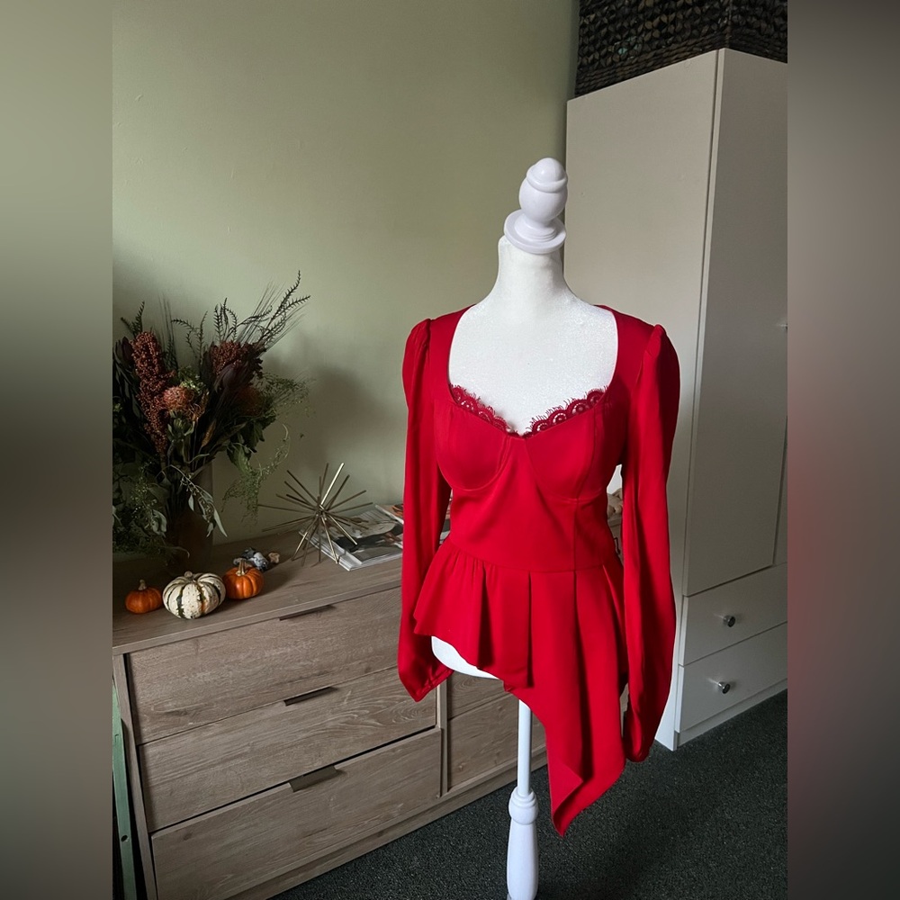 SELF PORTRAIT Red Crepe Peplum Corset Bustier Top Shirt Long-Sleeve Formal Sz 8 - Picture 13 of 16